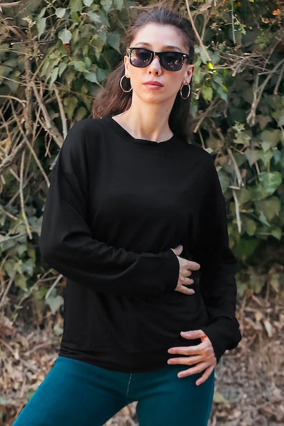Kadın Owersize Bisiklet Yaka Sweet  Siyah 6