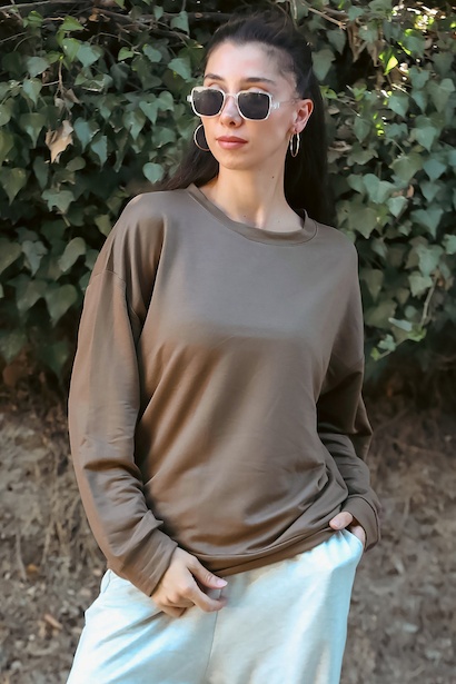 Kadın Owersize Bisiklet Yaka Sweet  Kahverengi 6