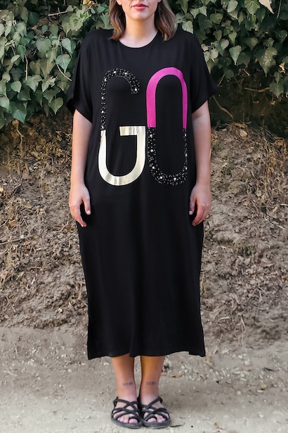 Büyük Beden Baskılı İncili Elbise  Siyah 6