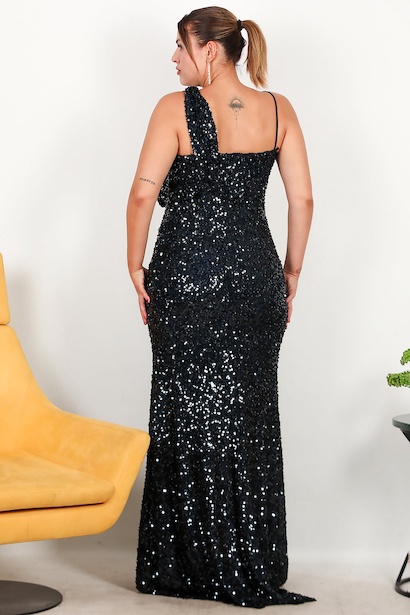 Büyük Beden Tek Omuz Uzun Pullu Abiye  Lacivert 6