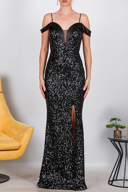 Kadın Saten Yaka Detaylı Uzun Pullu Abiye  Siyah 6