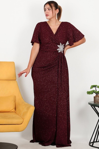 Büyük Beden Beli Çiçek Motif Taşlı Uzun Abiye 