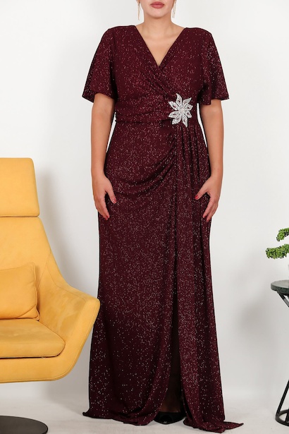 Büyük Beden Beli Çiçek Motif Taşlı Uzun Abiye  Bordo 6