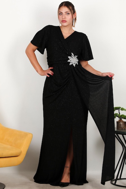 Büyük Beden Beli Çiçek Motif Taşlı Uzun Abiye 