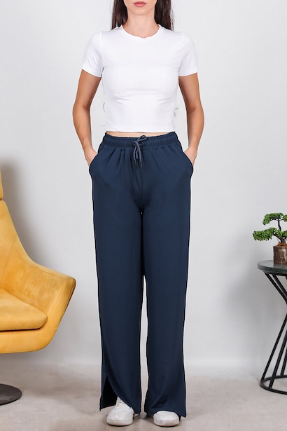 Kadın Yırtmaçlı Bol Paça Pantolon  Lacivert 6