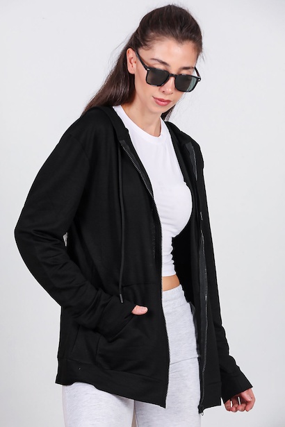 Kadın Fermuarlı Cepli Kapşonlu Ceket 