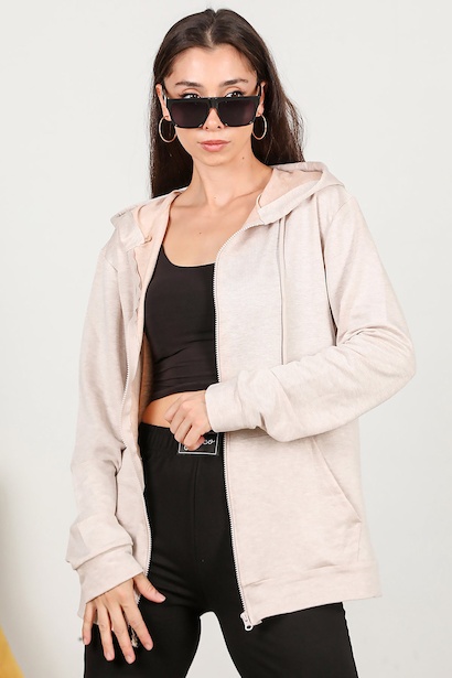 Kadın Fermuarlı Cepli Kapşonlu Ceket 