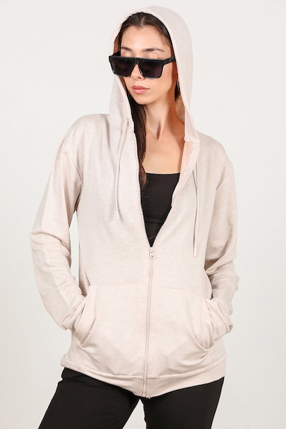 Kadın Fermuarlı Cepli Kapşonlu Ceket  Taş 6