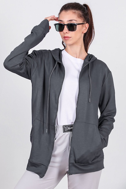 Kadın Fermuarlı Cepli Kapşonlu Ceket 