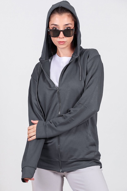 Kadın Fermuarlı Cepli Kapşonlu Ceket  Füme 6