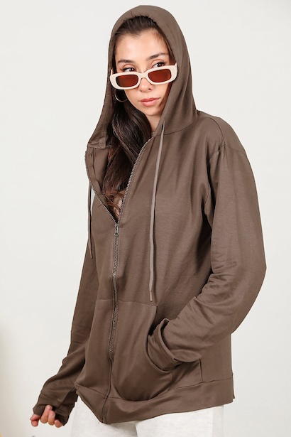 Kadın Fermuarlı Cepli Kapşonlu Ceket  Kahverengi 6