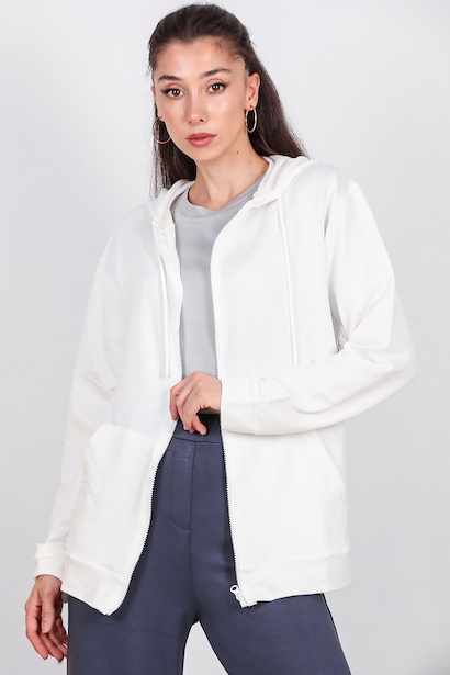 Kadın Fermuarlı Cepli Kapşonlu Ceket 