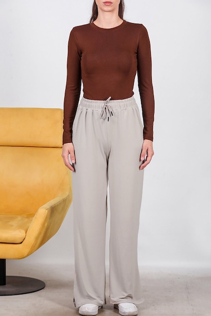 Kadın Yırtmaçlı Bol Paça Pantolon  Vizon 6