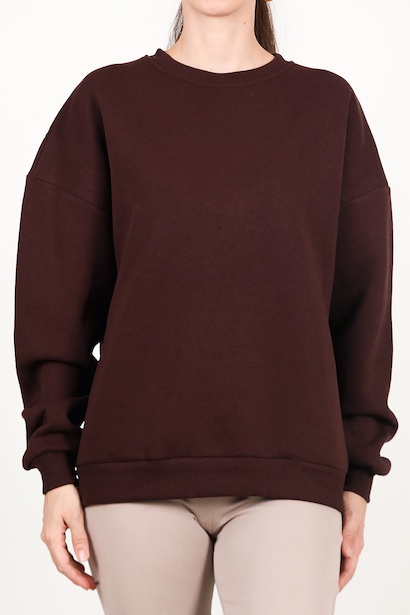 Kadın Bisiklet Yaka Üç İplik Oversize Sweat  Kahverengi 6