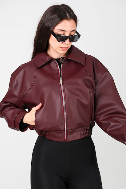 Kadın Bel Lastikli Deri Ceket Bordo 6