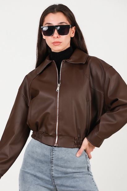 Kadın Bel Lastikli Deri Ceket Kahverengi 6