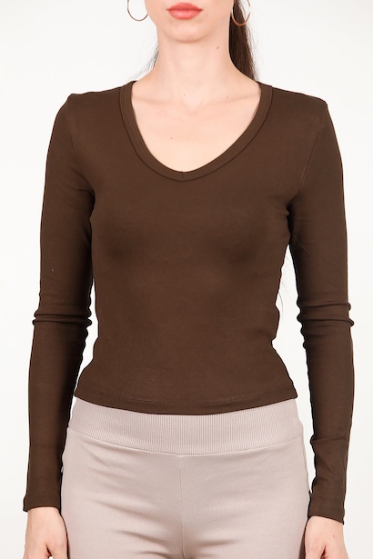 Kadın V Yaka Bluz  Kahverengi 6