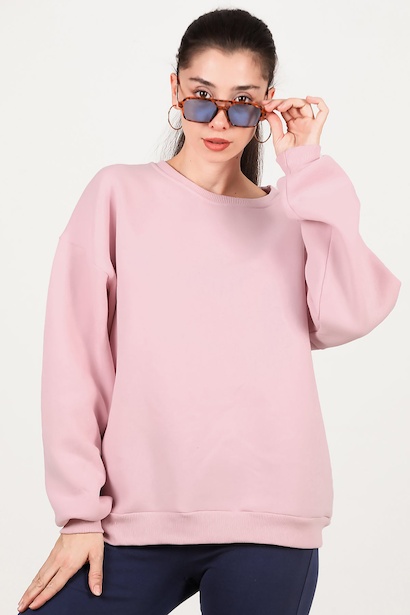 Kadın Bisiklet Yaka Üç İplik Oversize Sweat  Pembe 6