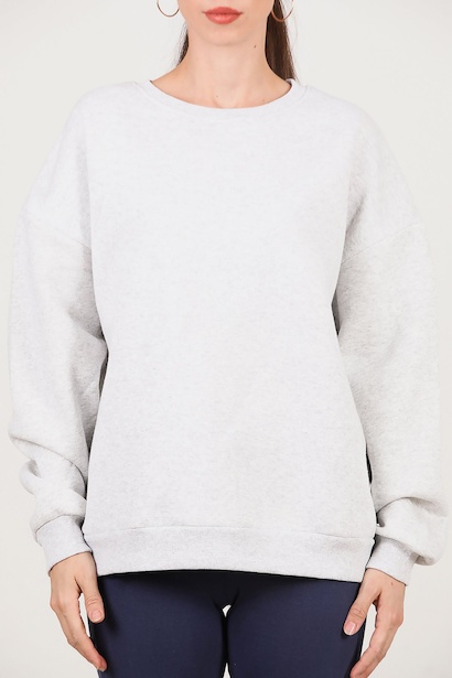 Kadın Bisiklet Yaka Üç İplik Oversize Sweat  Açık Gri 6