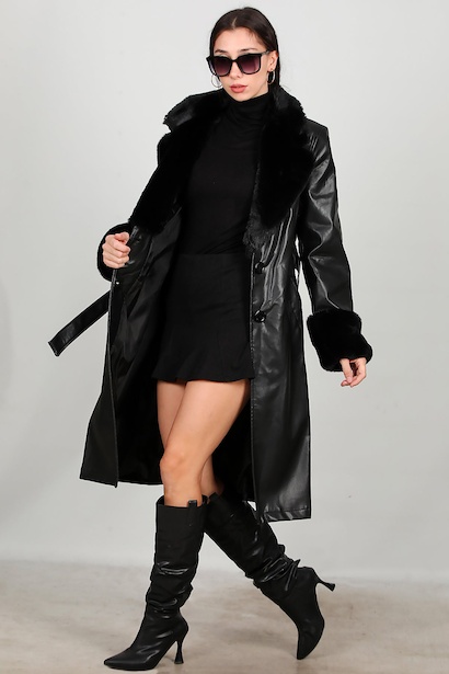 Kadın Kürklü Deri Kaban  Siyah 6