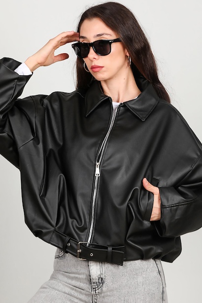 Kadın Beli Kemerli Deri Ceket  Siyah 6