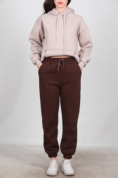 Kadın Paça Lastikli İçi Şardonlu Eşofman Altı  Kahverengi 6