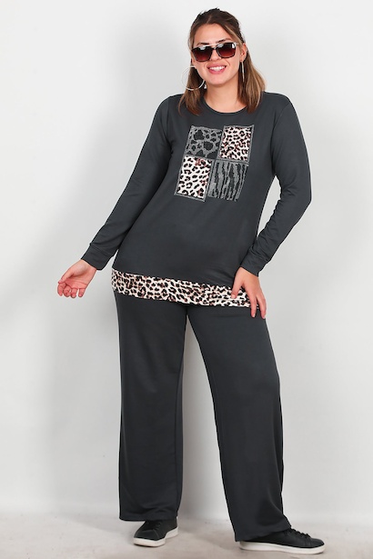 Büyük Beden Leoparlı Taş İşlemeli Takım 