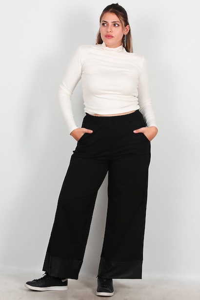 Büyük Beden Paça Deri Detay Pantolon 