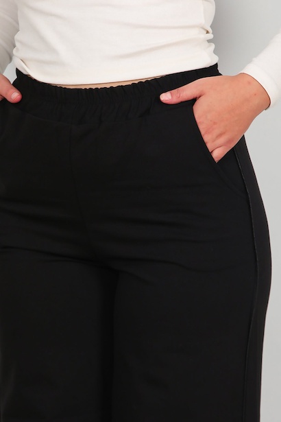 Büyük Beden Paça Deri Detay Pantolon  Siyah 6