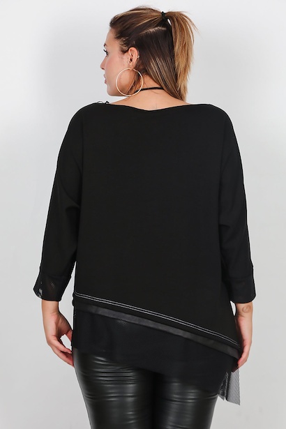 Büyük Beden Kol Ve Etek Ucu File Detay Bluz  Siyah 6