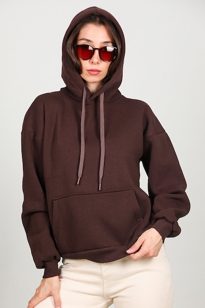 Kadın Kapşonlu Sweat  Kahverengi 6