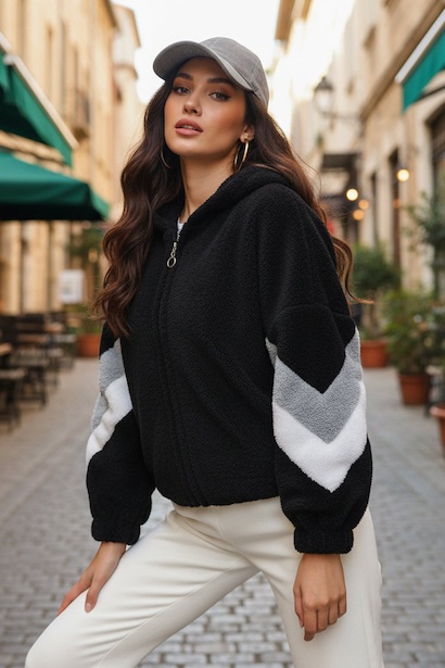 Kadın Kapşonlu Kol Çizgi Detay Peluş Ceket 