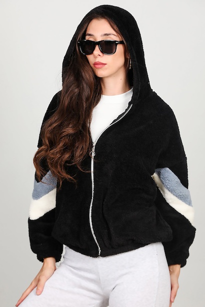 Kadın Kapşonlu Kol Çizgi Detay Peluş Ceket  Siyah 6
