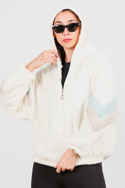 Kadın Kapşonlu Kol Çizgi Detay Peluş Ceket  Ekru 6