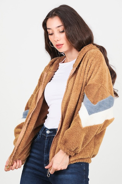 Kadın Kapşonlu Kol Çizgi Detay Peluş Ceket 
