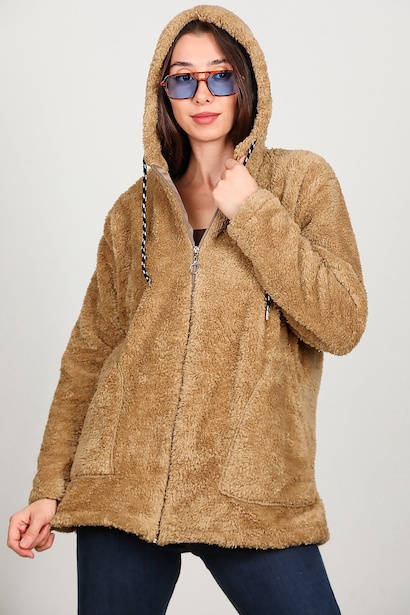 Kadın Kapşonlu Fermuarlı Peluş Ceket 