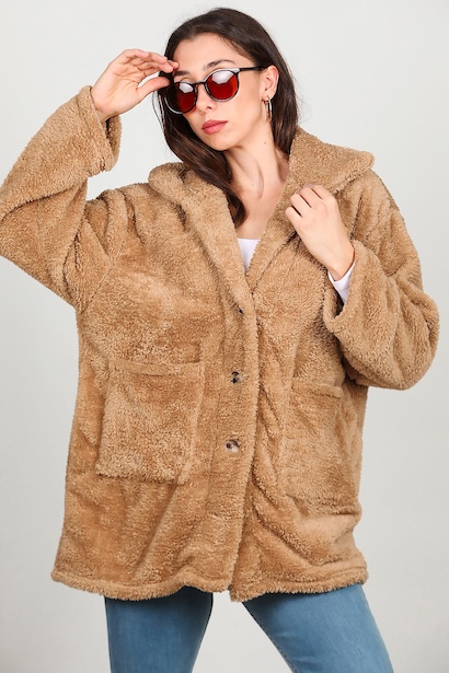 Kadın Önü Düğmeli Peluş Ceket  Bej 6