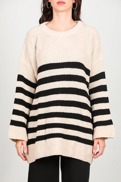 Kadın Çizgili Triko Kazak  Krem 6
