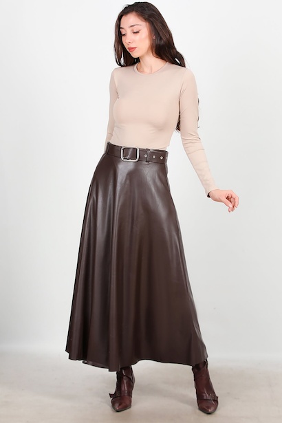 Kadın Uzun Kemerli Deri Etek  Kahverengi 6