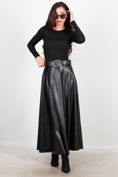 Kadın Uzun Kemerli Deri Etek  Siyah 6