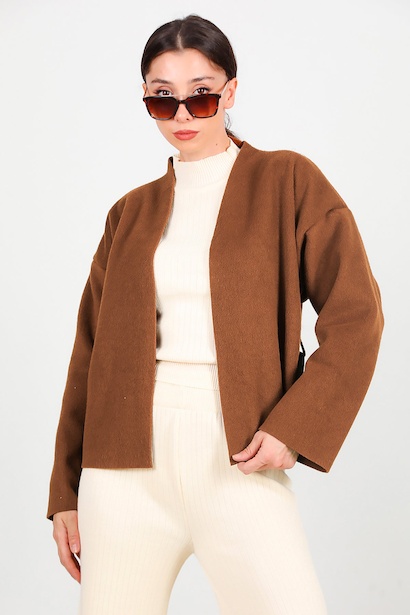 Kadın Deri Kemerli Kaşe Ceket  Kahverengi 6