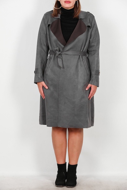 Büyük Beden Süet Trençkot  Gri 6