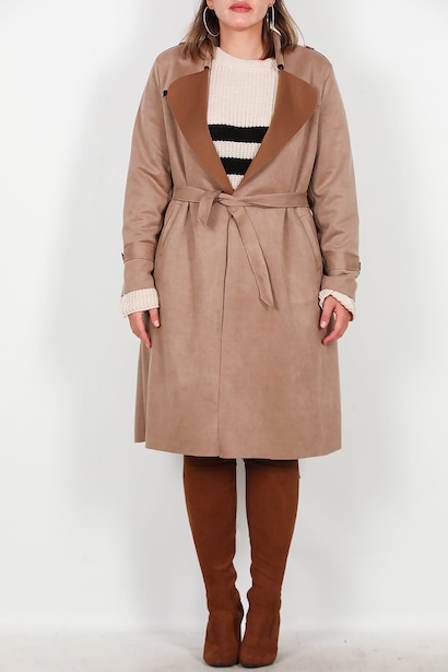 Büyük Beden Süet Trençkot  Bej 6