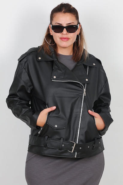 Büyük Beden Bel Kemer Detay Deri Ceket 