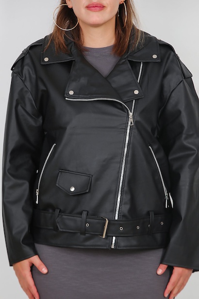 Büyük Beden Bel Kemer Detay Deri Ceket  Siyah 6