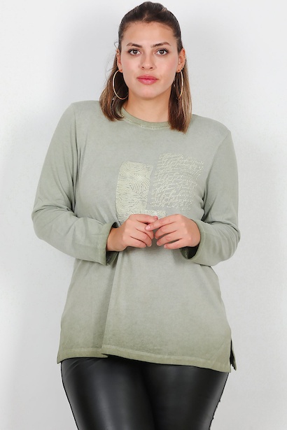 Büyük Beden Bisiklet Yaka Kabartma Yazılı Bluz 