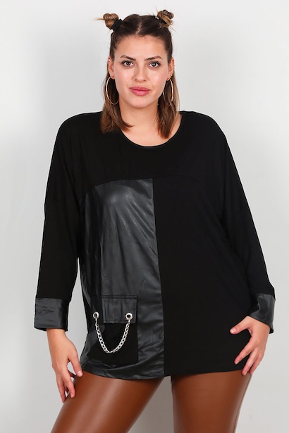 Büyük Beden Deri Detay Bluz 
