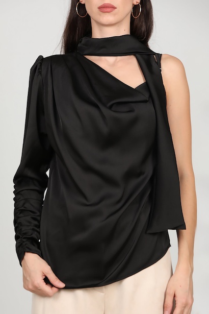 Kadın Tek Omuz Saten Bluz  Siyah 6