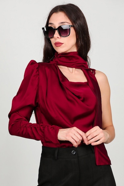 Kadın Tek Omuz Saten Bluz  Bordo