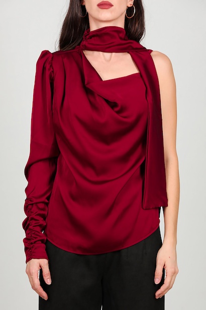 Kadın Tek Omuz Saten Bluz  Bordo 6